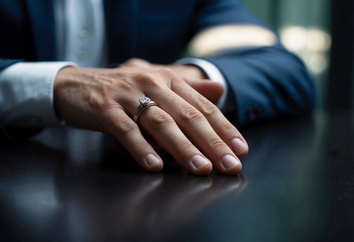 A close-up of a man's empty hand resting on a table, with a wedding band conspicuously absent from his ring finger. The atmosphere is somber and contemplative