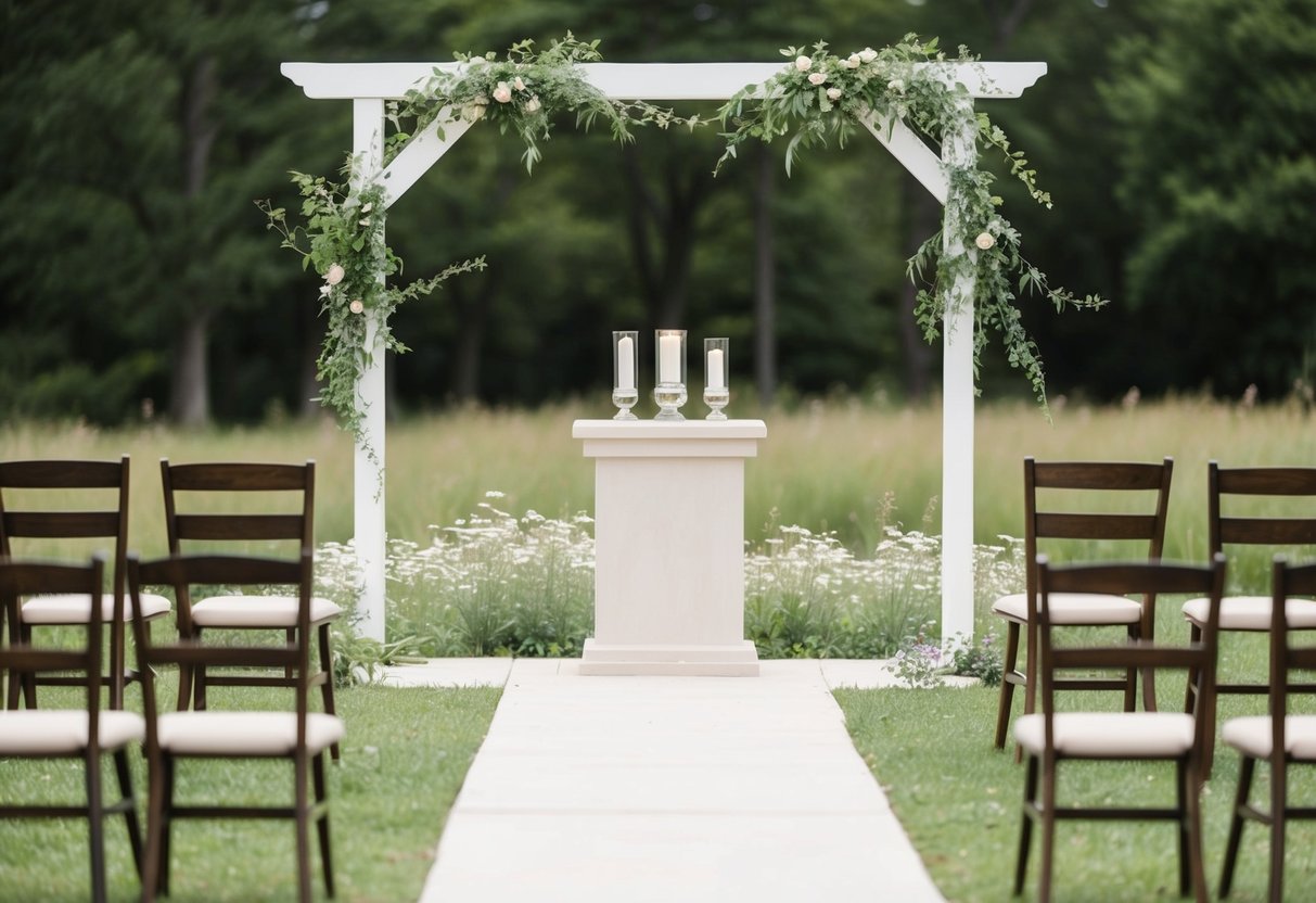 A simple outdoor setting with a small, unadorned altar and a few chairs. Wildflowers and greenery decorate the space, with soft natural lighting