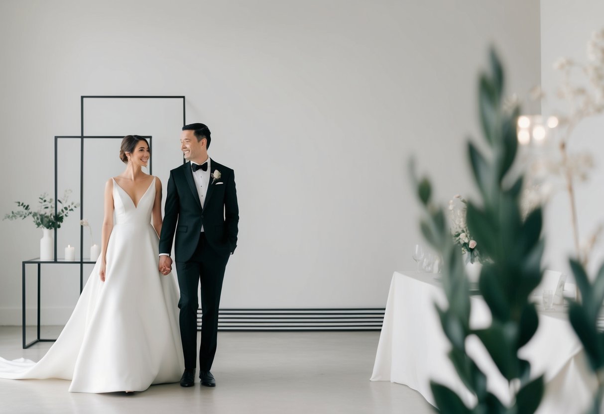 A simple, elegant wedding scene with a white bridal gown and a sleek black tuxedo, surrounded by minimalist decor and clean lines