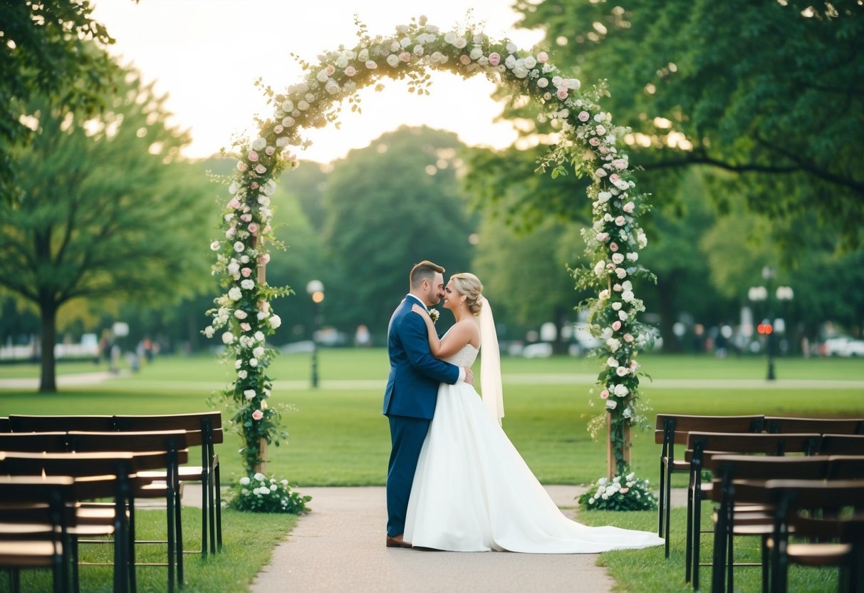 A simple outdoor wedding under a flower-covered archway in a public park