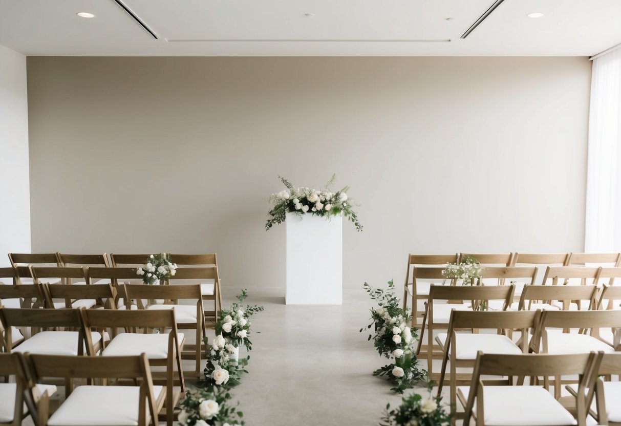 A simple, modern venue with clean lines and neutral colors. Sparse decor with small, elegant floral arrangements