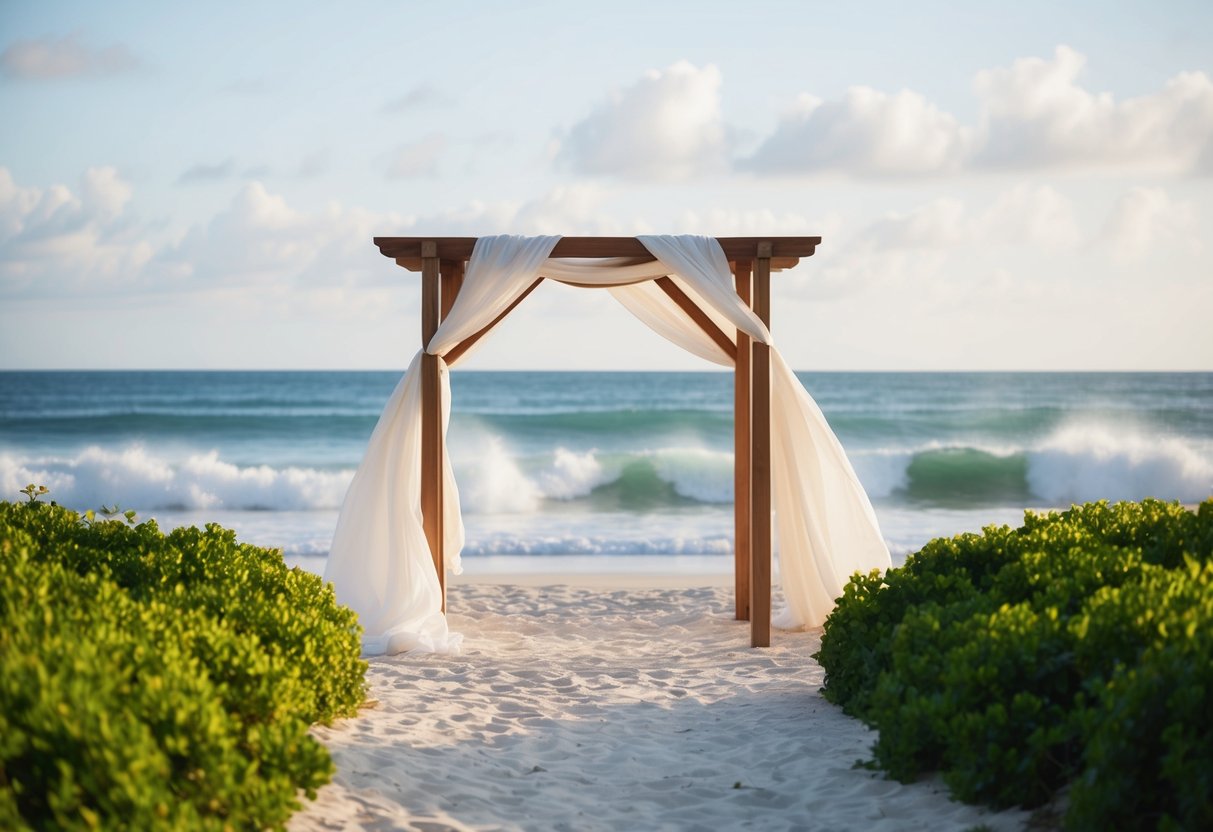 A serene beach setting with a simple wooden arch and billowing white fabric, surrounded by lush greenery and the sound of crashing waves
