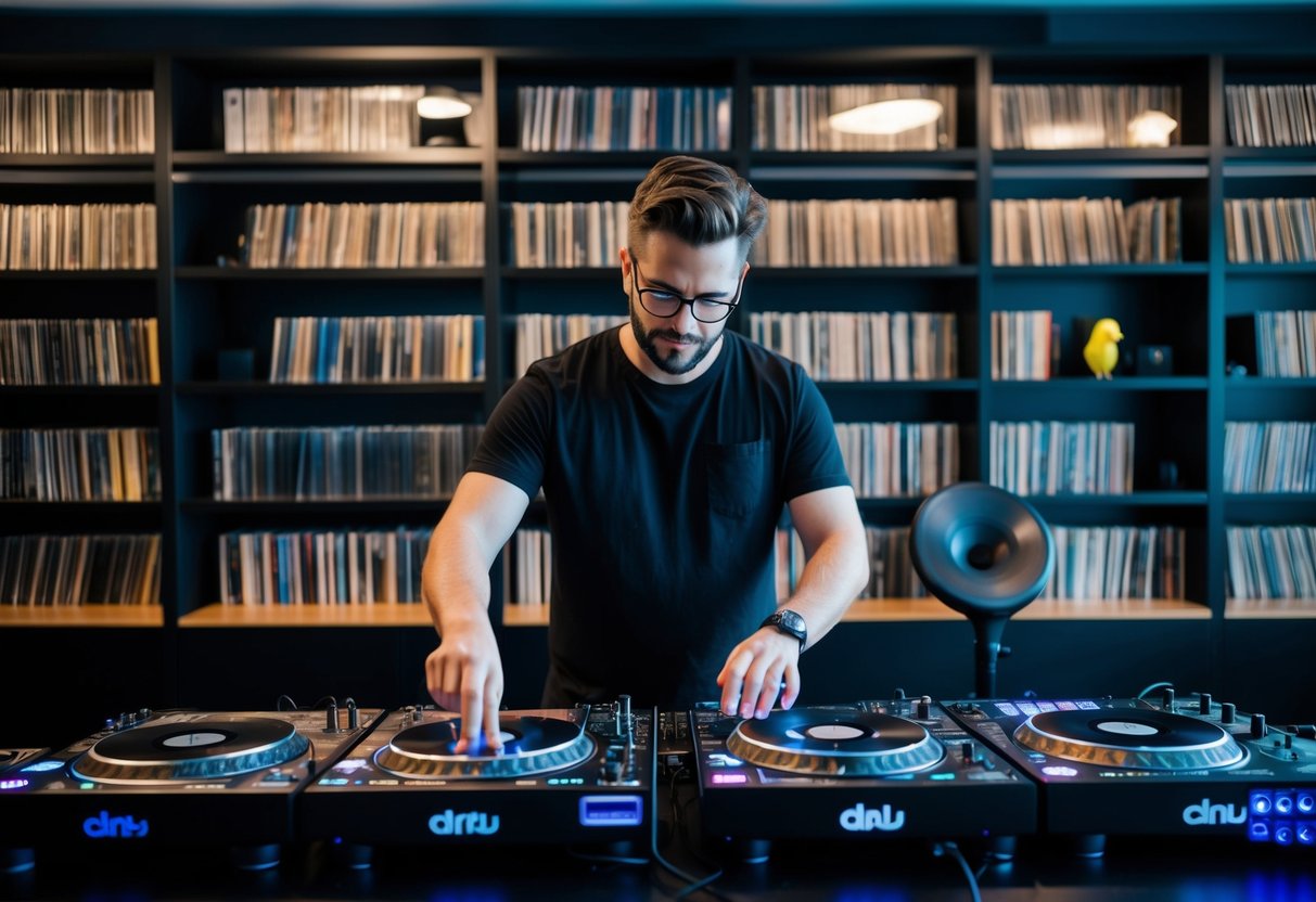A DJ surrounded by shelves of vinyl records, digital music files, and streaming platforms, selecting and mixing songs for their set