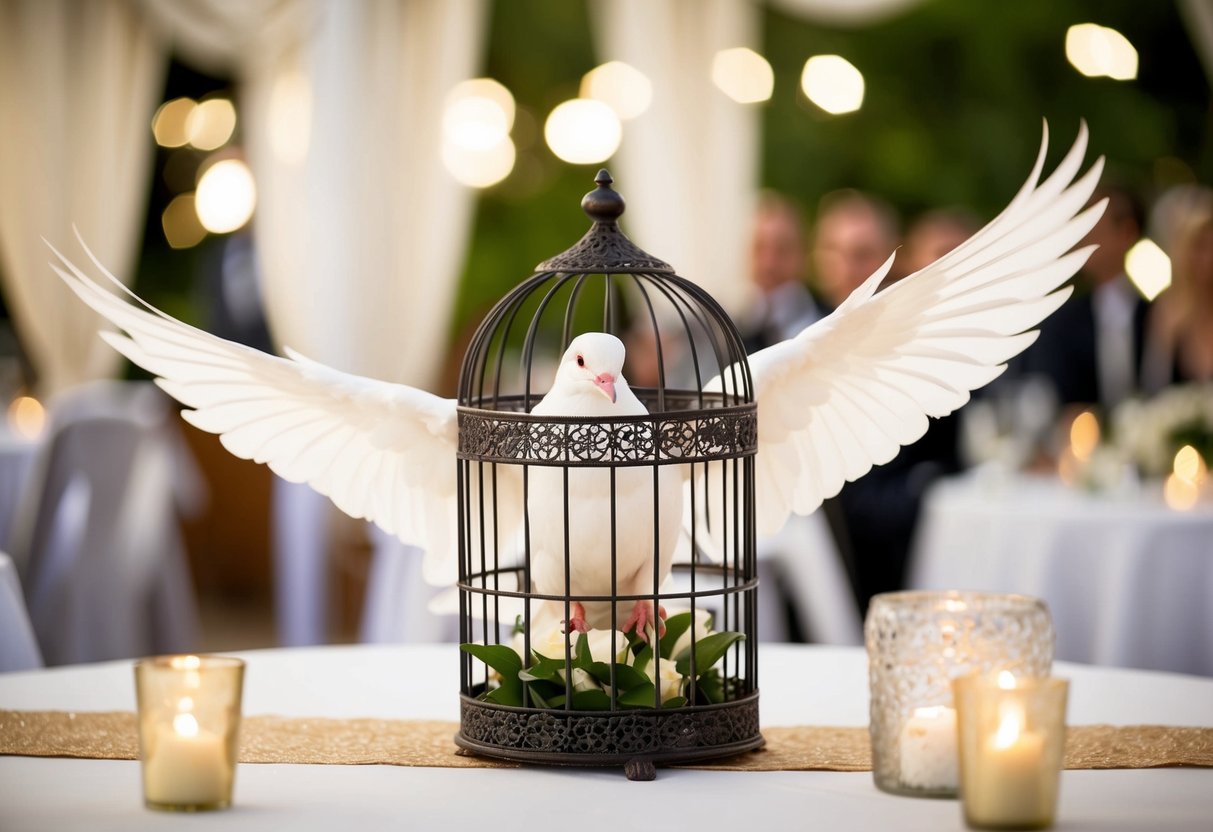 A white dove emerges from a decorative cage, symbolizing peace and love at a wedding