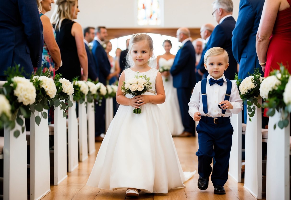 The flower girl and ring bearer lead the procession down the aisle during the wedding ceremony