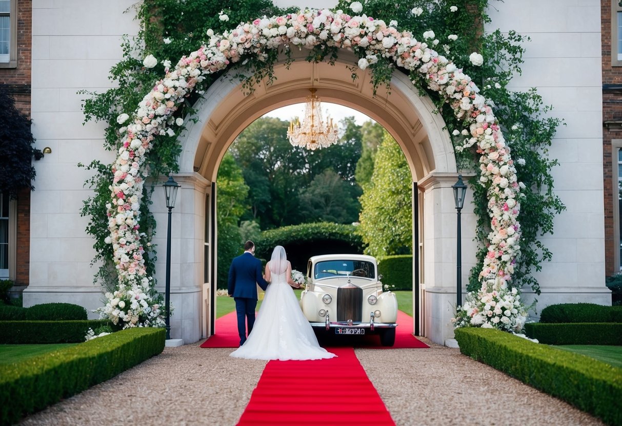 A grand, flower-adorned archway welcomes the newlyweds as they exit, with a red carpet leading to a vintage car waiting to whisk them away