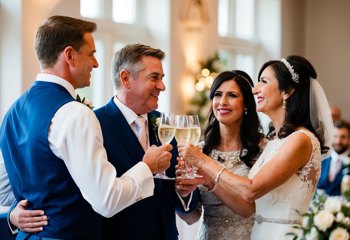 A mother of the groom traditionally offers a toast at the wedding reception, standing beside her son and daughter-in-law