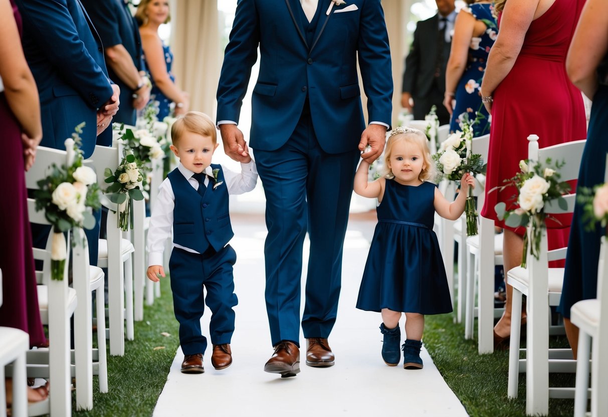 The groom walks down the aisle, accompanied by a young child