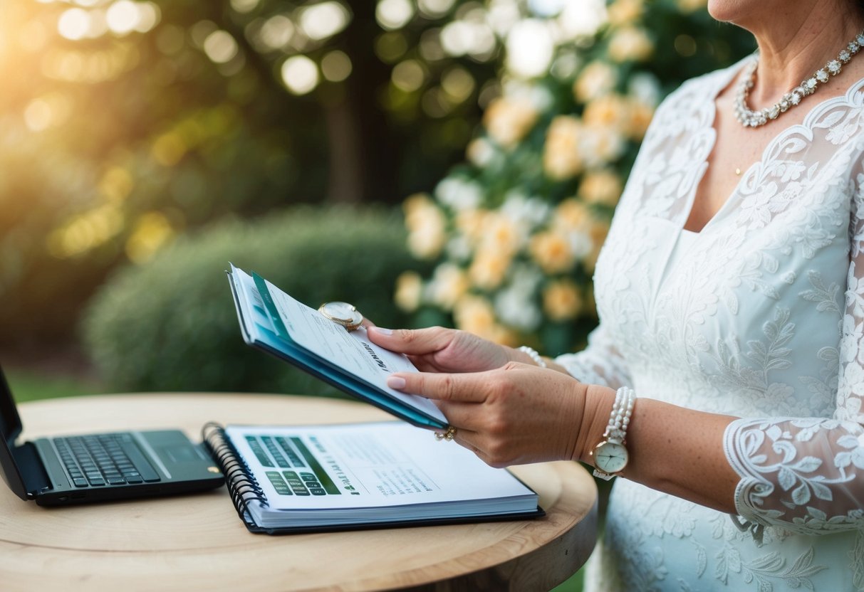 A mother of the groom traditionally offers financial and planning support for the wedding, symbolized by a woman's hand holding a checkbook and a wedding planner book