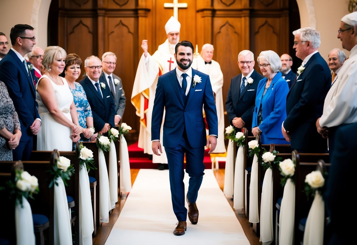 The groom walks down the aisle first, followed by family members and religious leaders