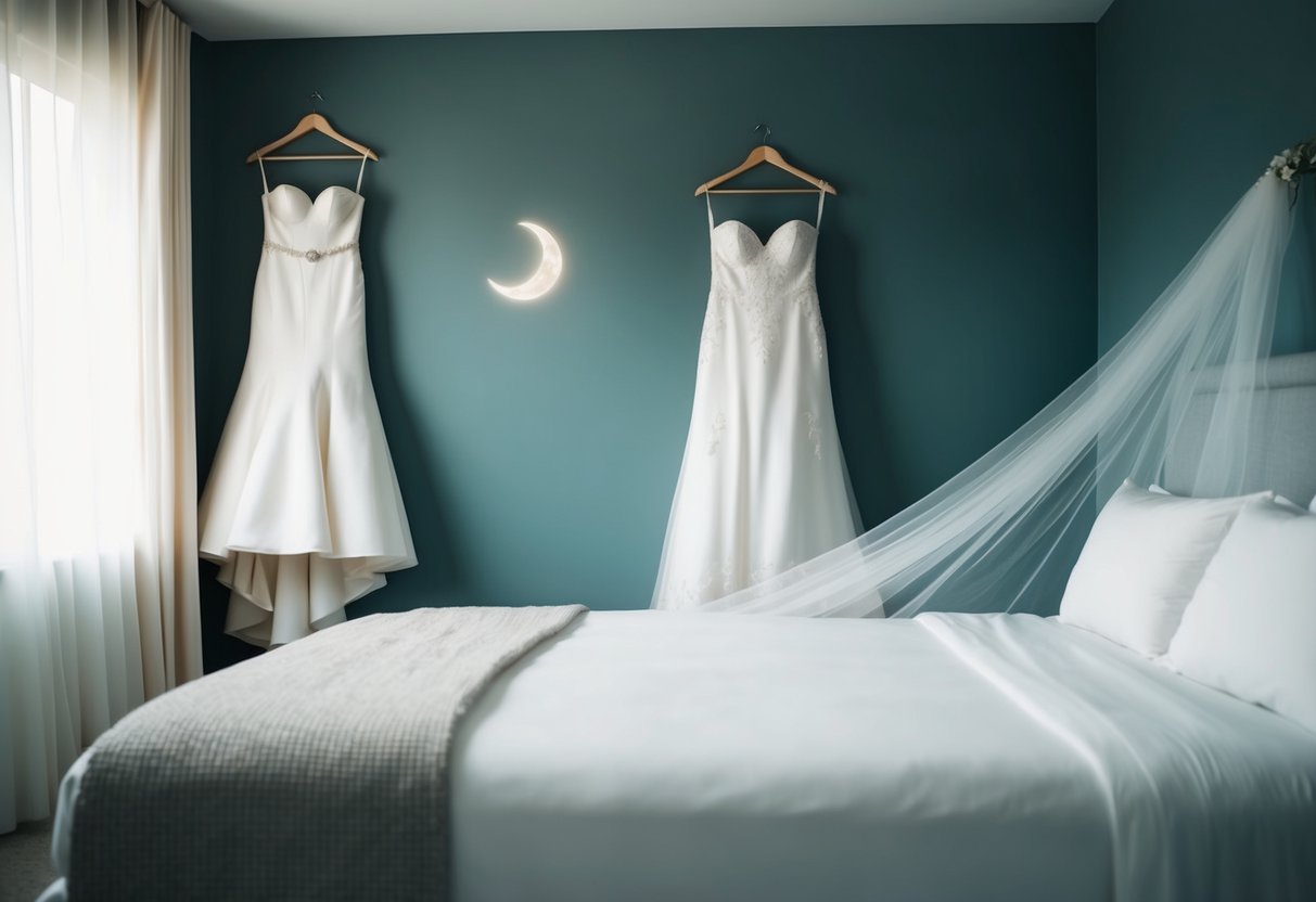 A serene moonlit bedroom with a bridal gown hanging on the wall and a delicate veil draped over the bed