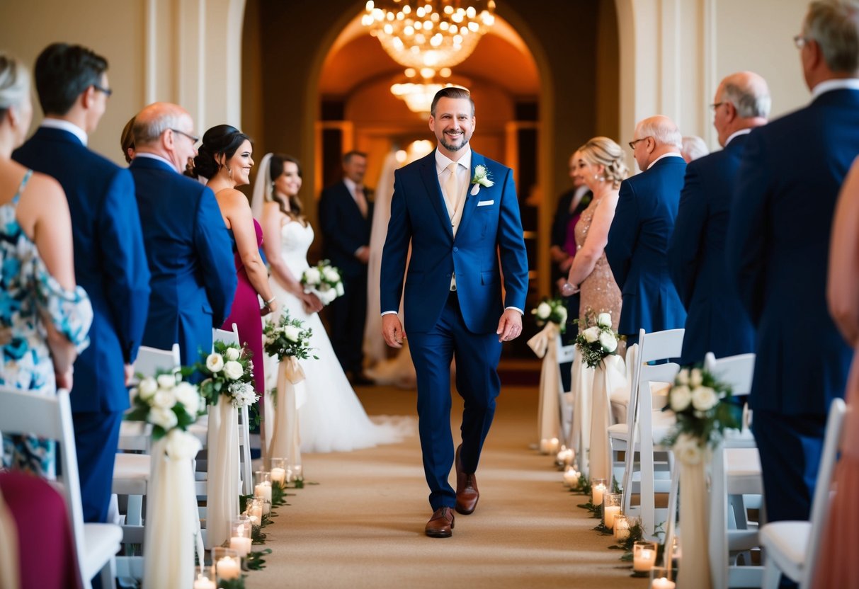 The groom walks down the aisle first, followed by the special roles in the processional