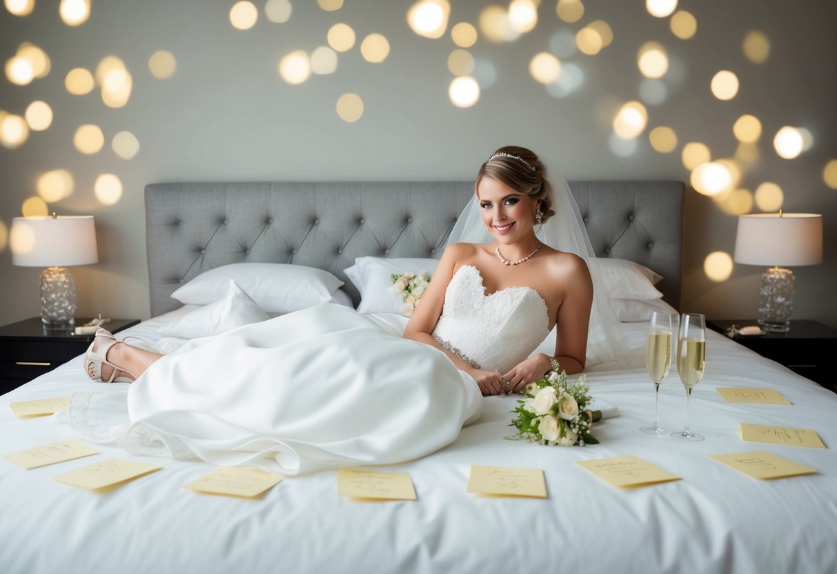 The bride lays out her wedding dress and accessories on the bed, surrounded by scattered notes and a glass of champagne