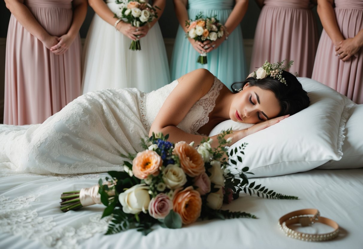 The bride sleeps alone in a bed adorned with flowers and lace, surrounded by her bridesmaid dresses and wedding accessories