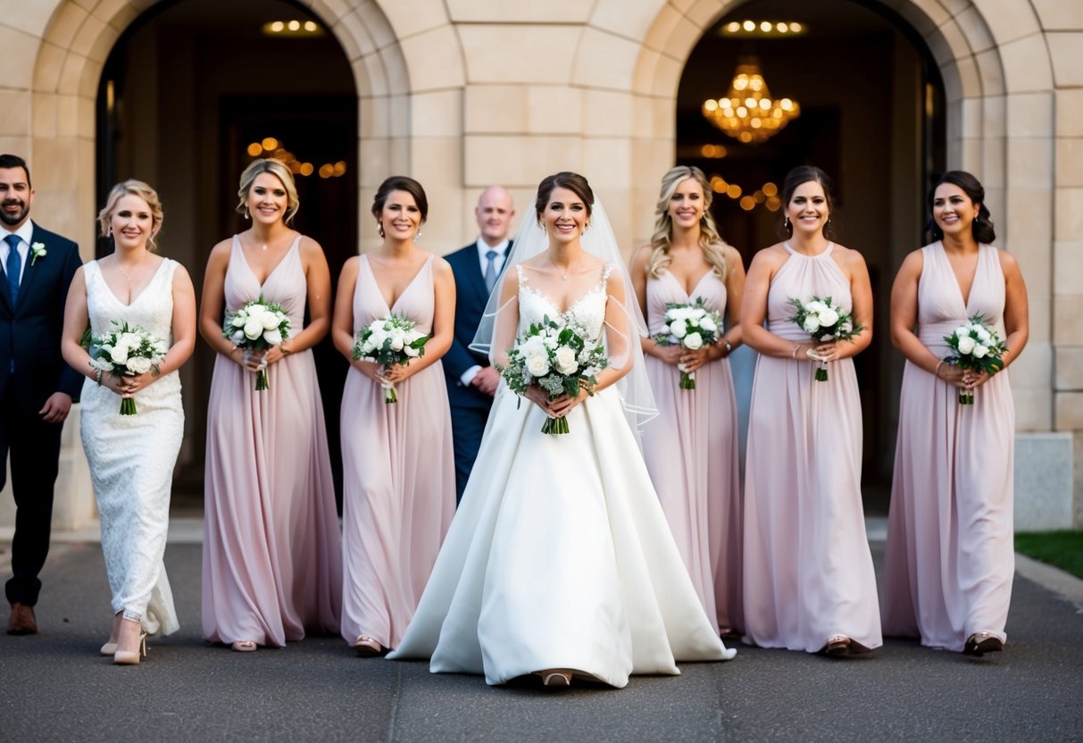 The bride enters first, followed by her bridesmaids in a line