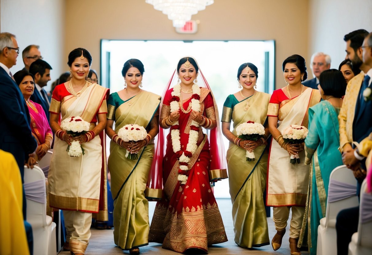 Bridesmaids enter first, carrying ceremonial items, followed by the bride in traditional dress, surrounded by family and friends