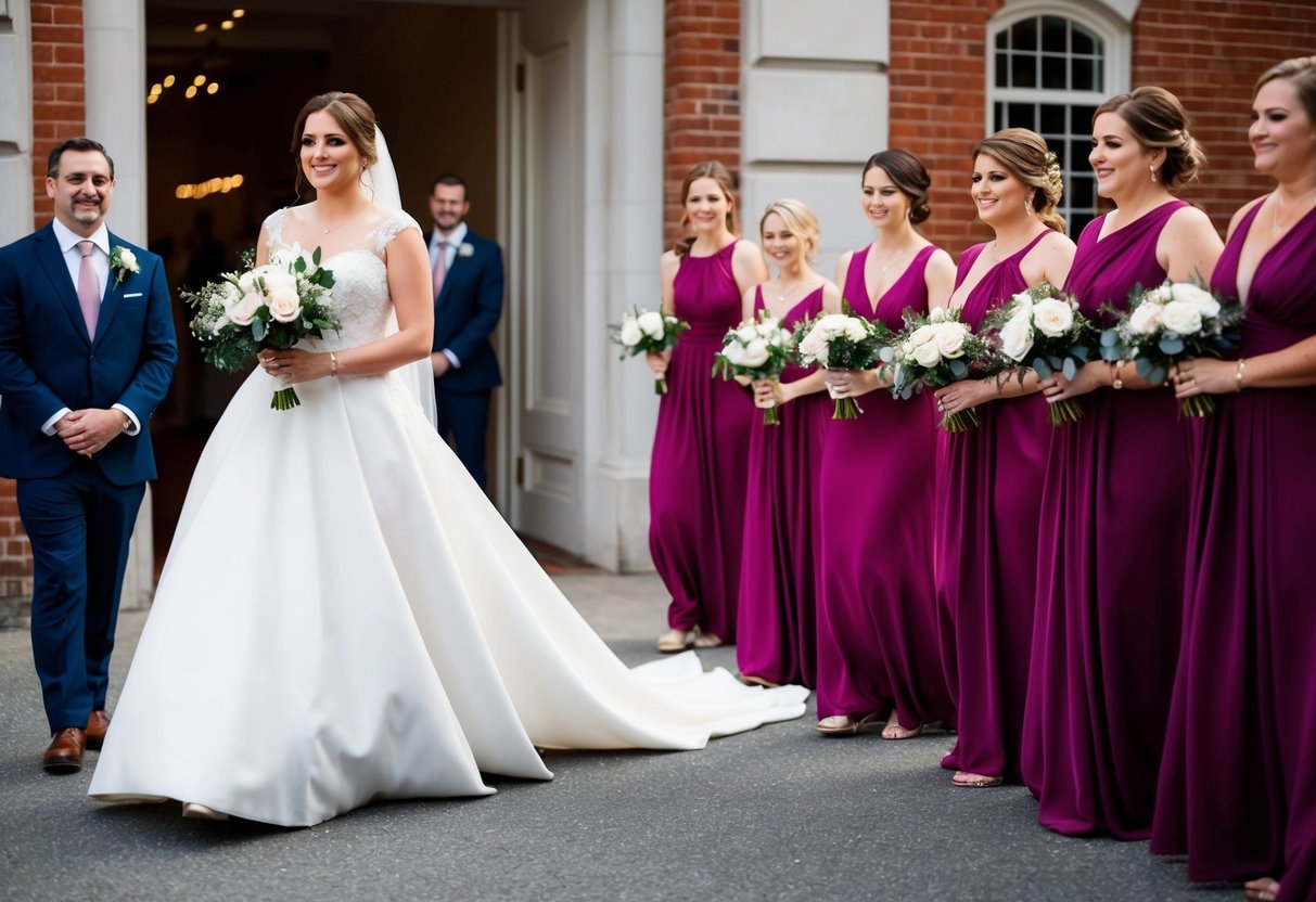 A bride enters first, followed by her bridesmaids in a line