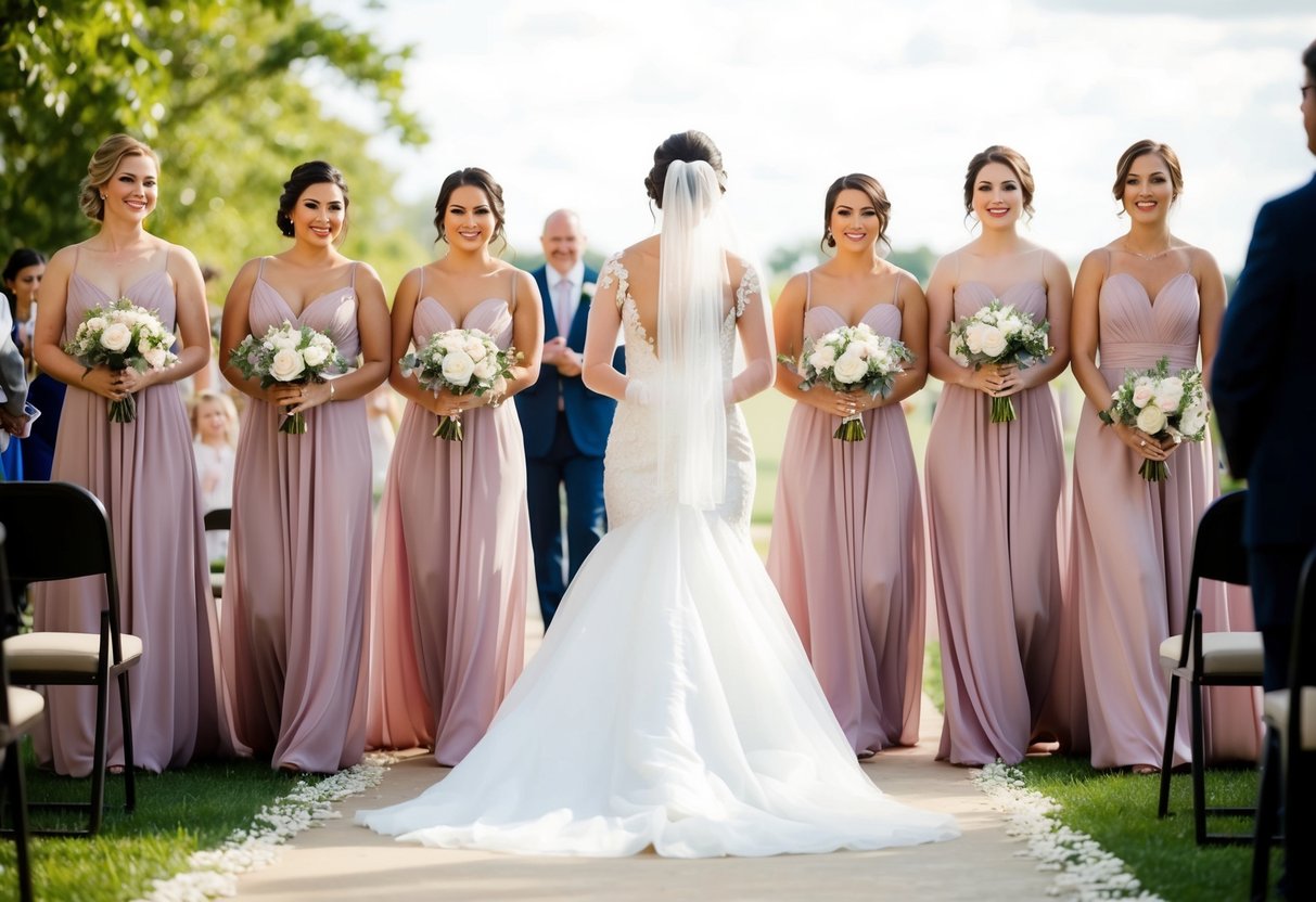 The bride's gown trailing behind her, the bridesmaids follow in a line, each holding a bouquet, as they walk down the aisle