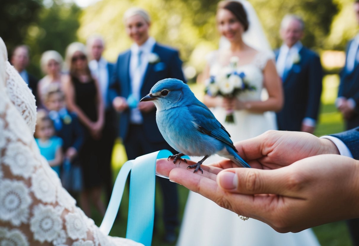 A small blue bird presents a ribbon to the bride