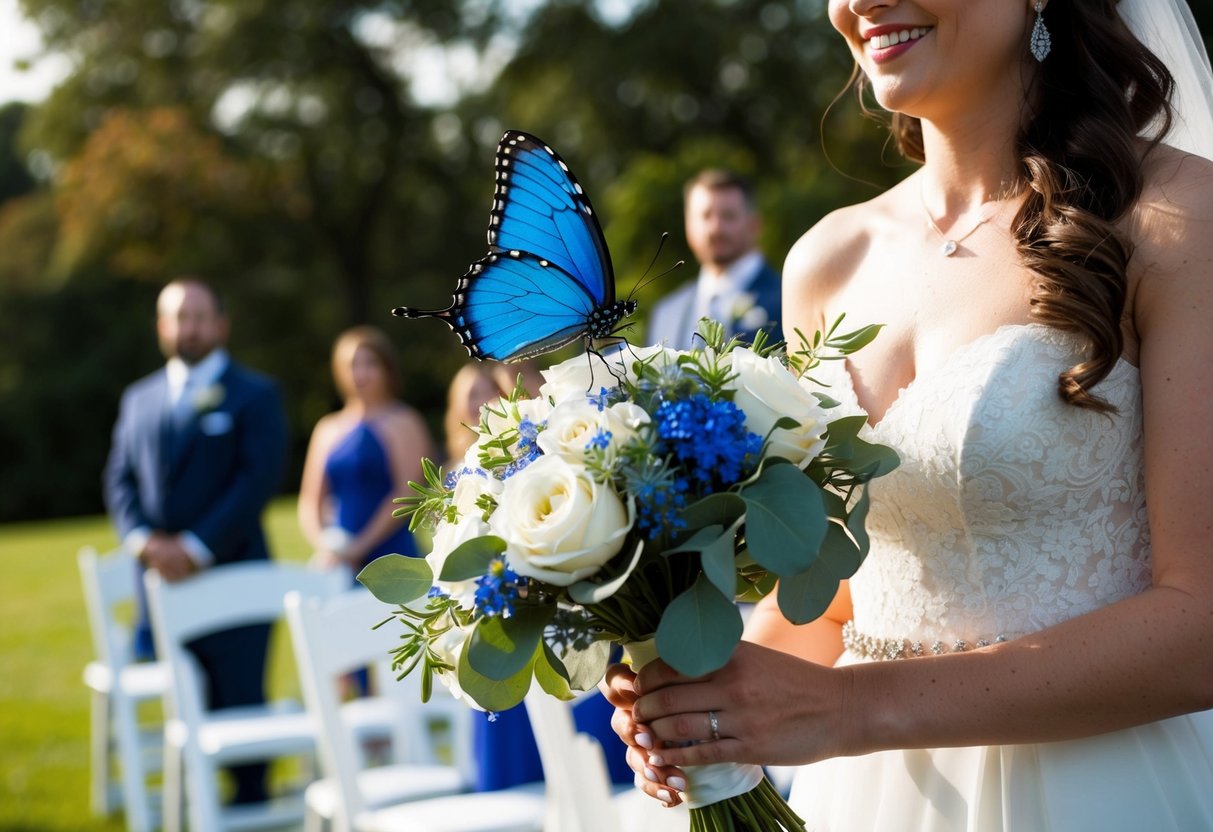 A blue butterfly lands on the bride's bouquet as she walks down the aisle