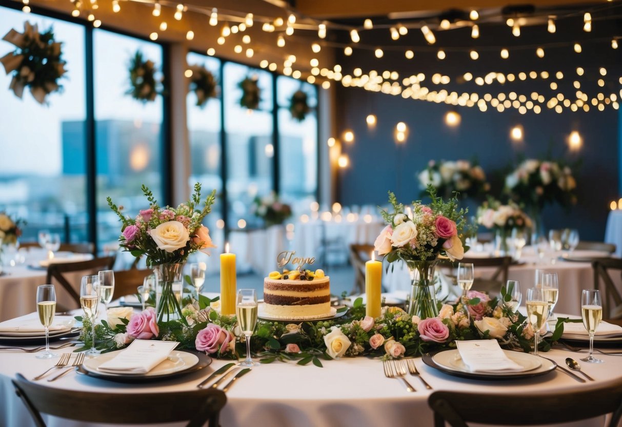 A table with flowers, candles, and place settings. A cake and champagne on display. Decorations and lights adorn the space
