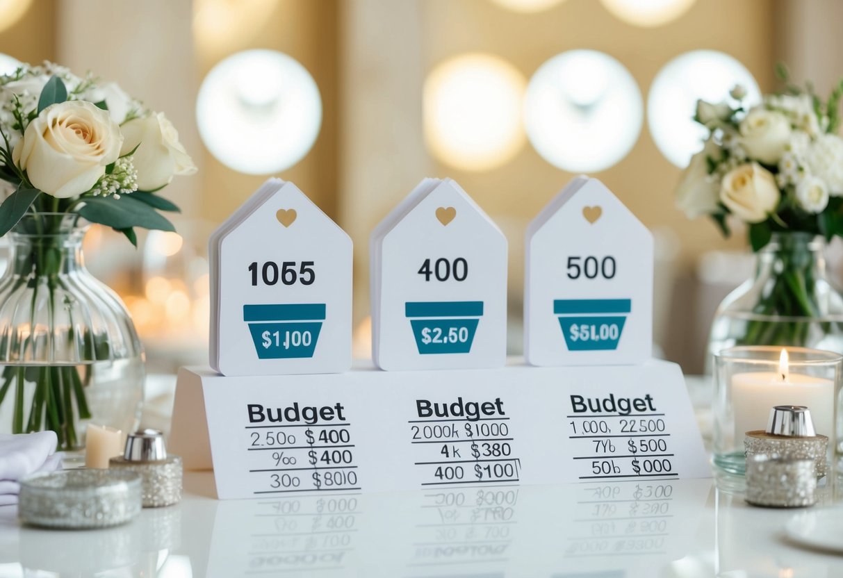 A table with wedding budget categories and corresponding amounts, surrounded by wedding-related decor and symbols