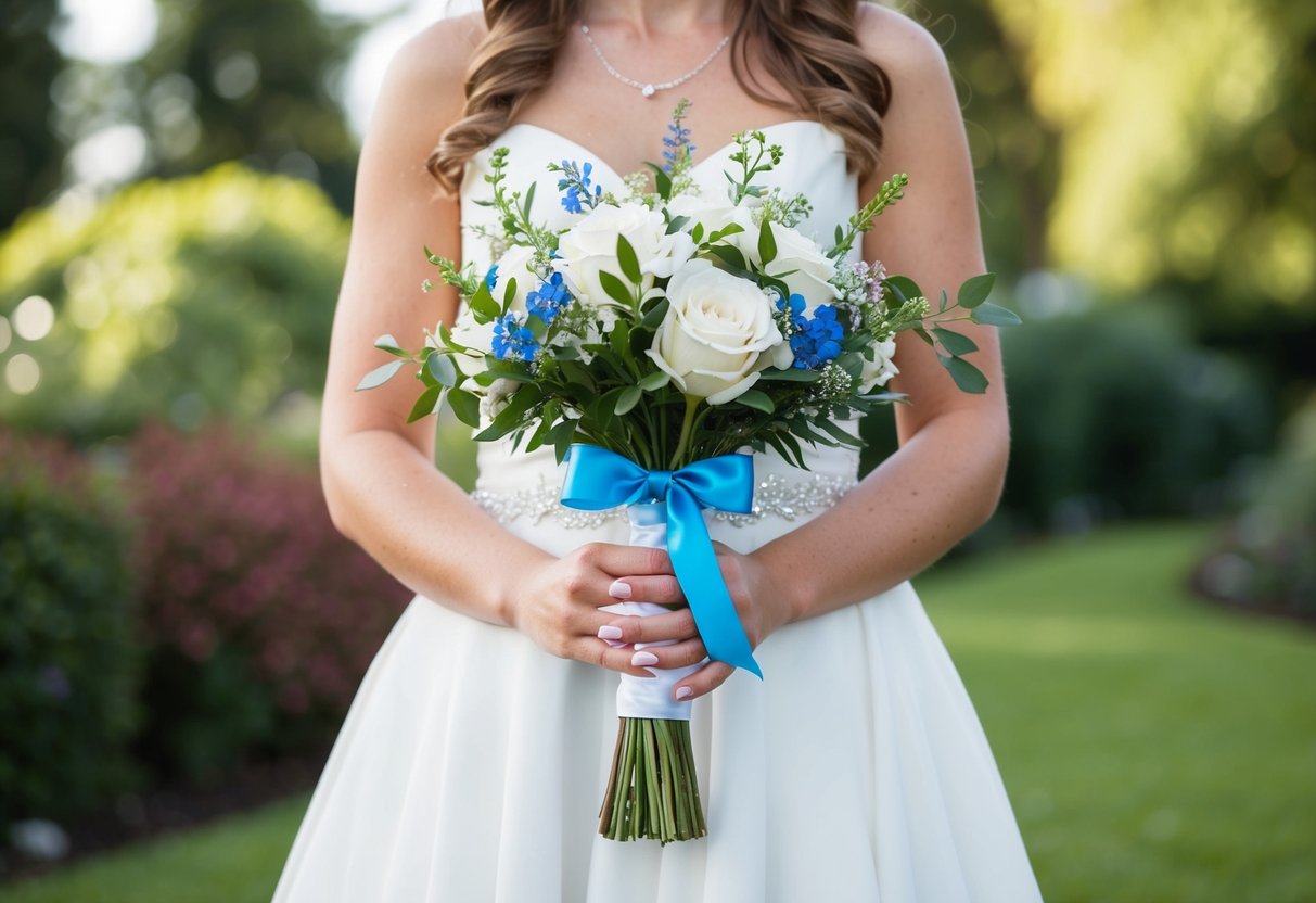 A bride holding a bouquet with a small blue ribbon tied around the stems