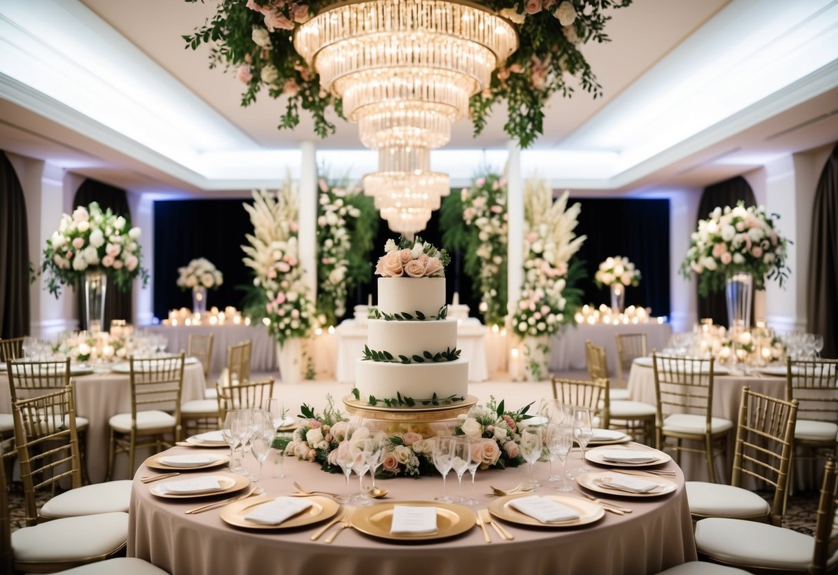 A lavish wedding venue with floral decorations, elegant table settings, and a grand cake display, all within a budget-conscious setting