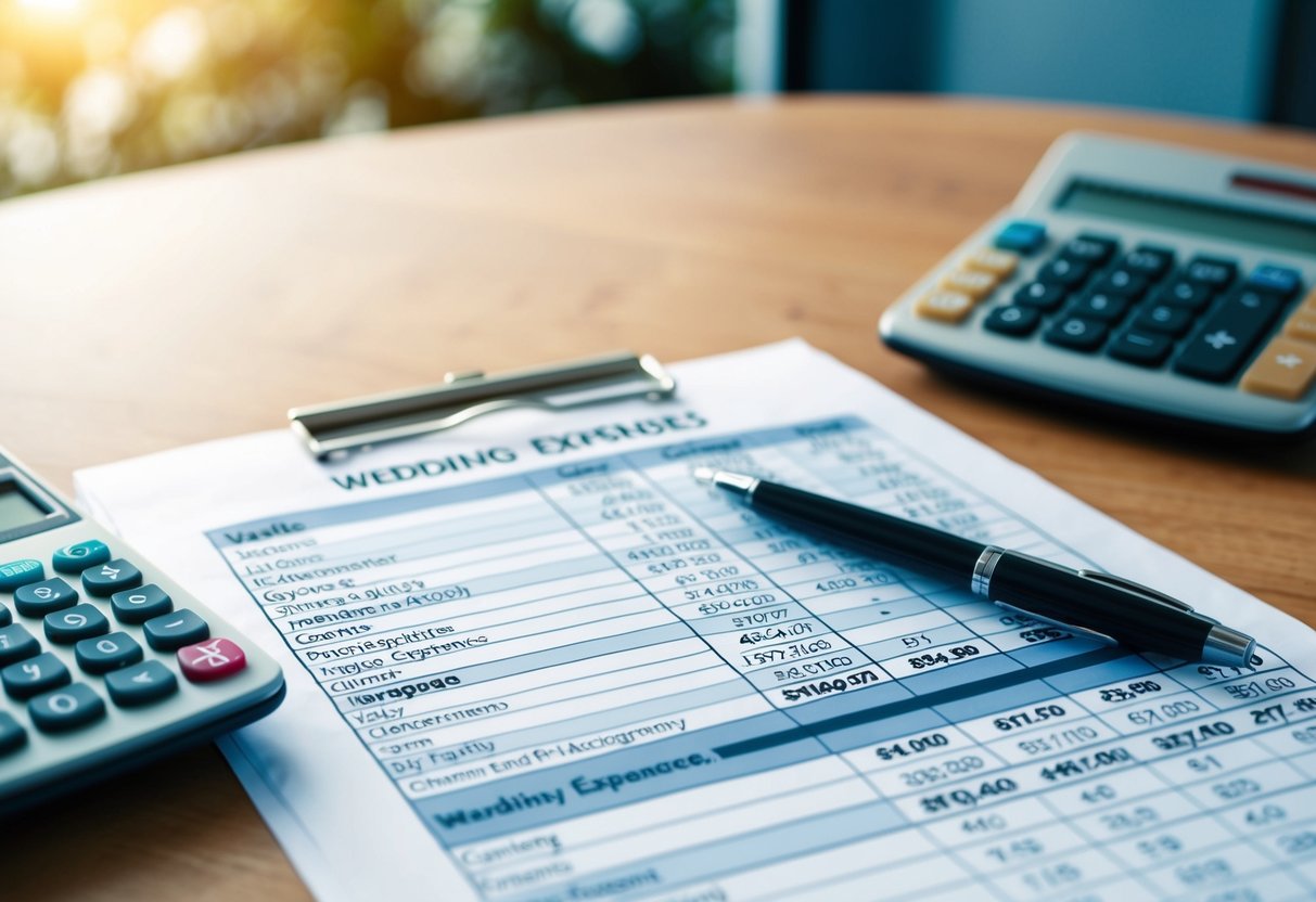 A table with a spreadsheet showing various wedding expenses, such as venue, catering, flowers, and photography, along with a calculator and pen
