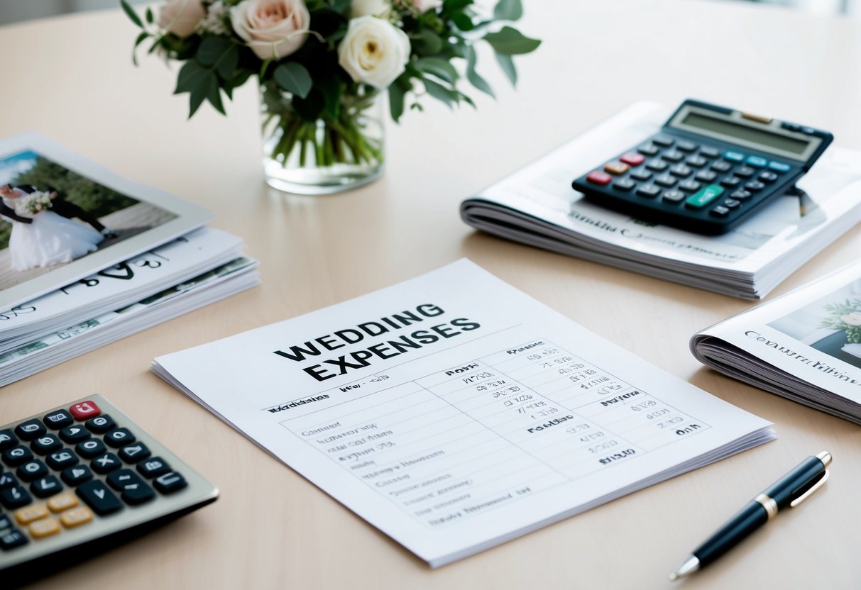 A table with a spreadsheet of wedding expenses, surrounded by wedding magazines and a calculator