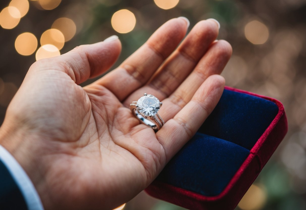 A hand presents a gleaming wedding ring on a velvet cushion