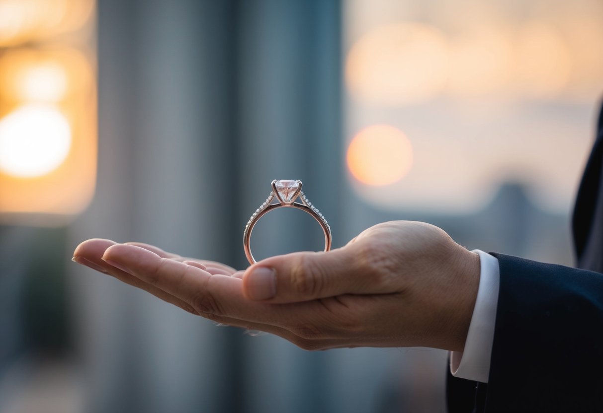 A figure presents a wedding ring on an outstretched palm