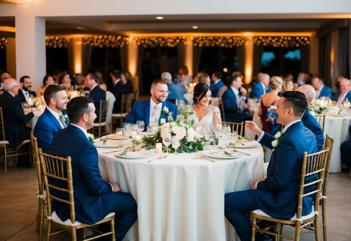 A wedding reception with a moderate number of guests seated at round tables, enjoying a meal and conversation in a beautifully decorated venue