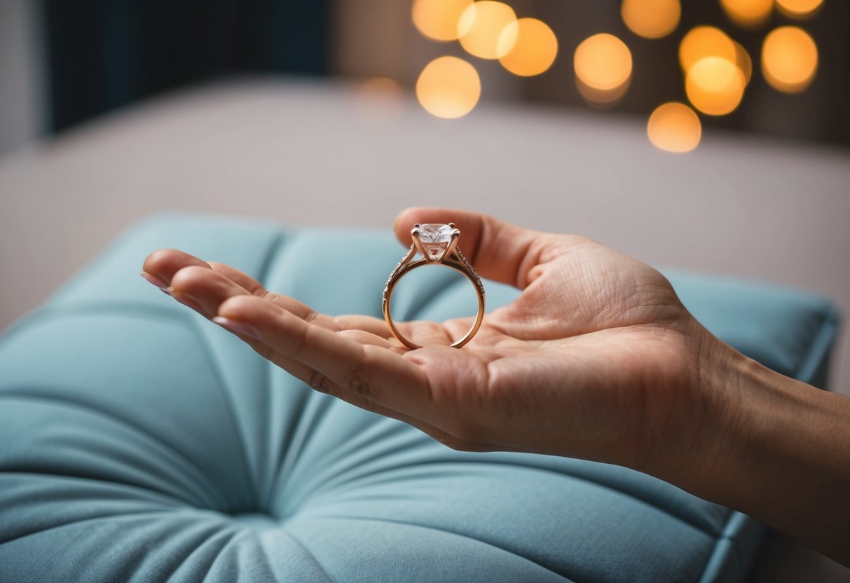 A hand reaches out, presenting a wedding ring on a cushioned surface