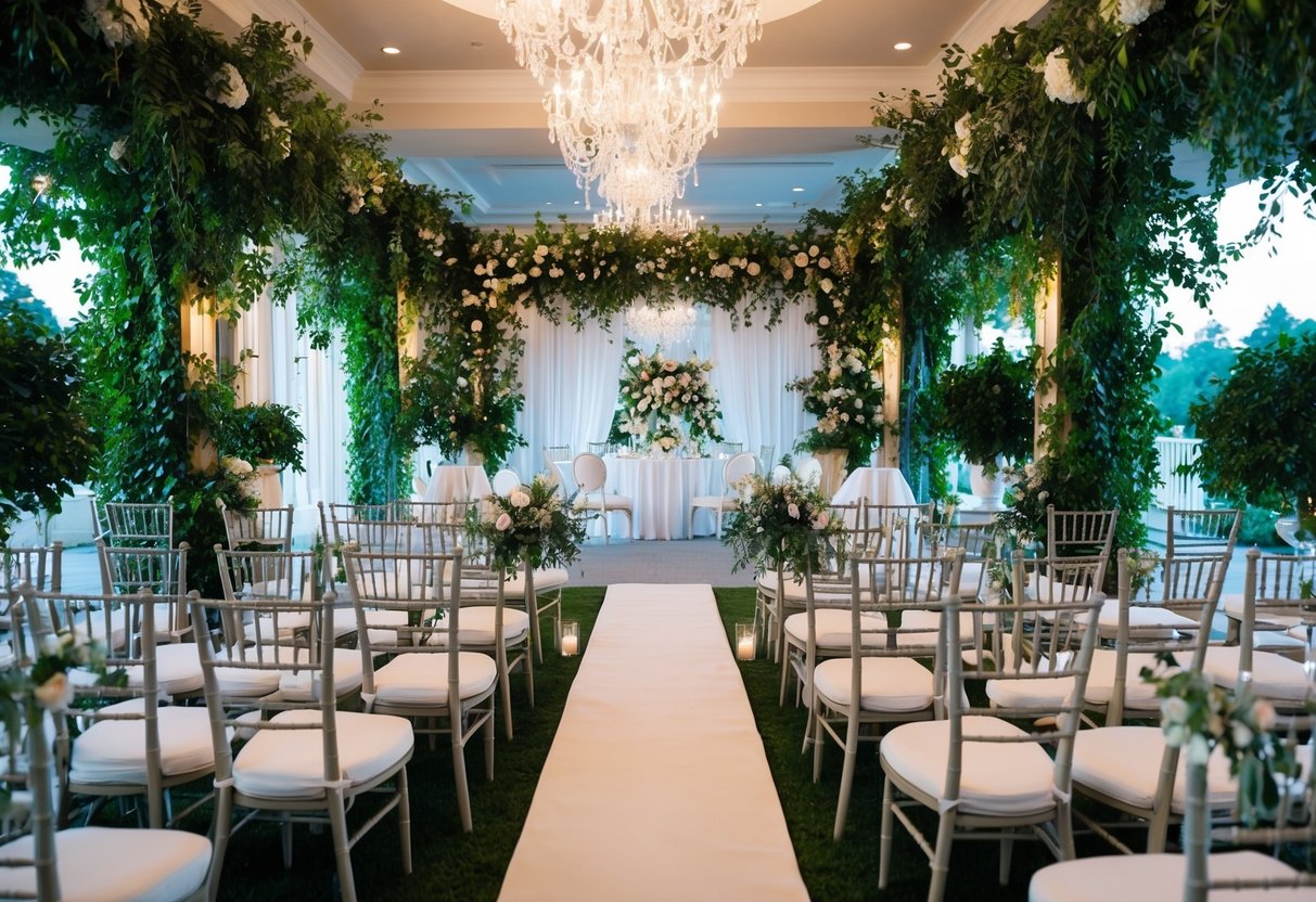 A wedding venue with seating for a moderate number of guests, surrounded by lush greenery and elegant decor