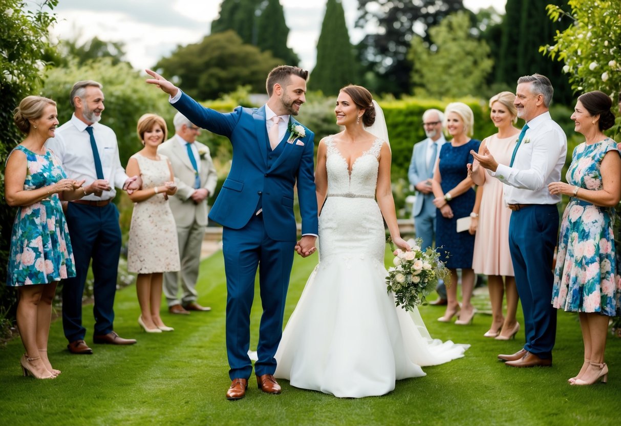 A bride and groom stand in a garden, surrounded by a small group of friends and family. They gesture and talk, indicating the size of their ideal wedding gathering