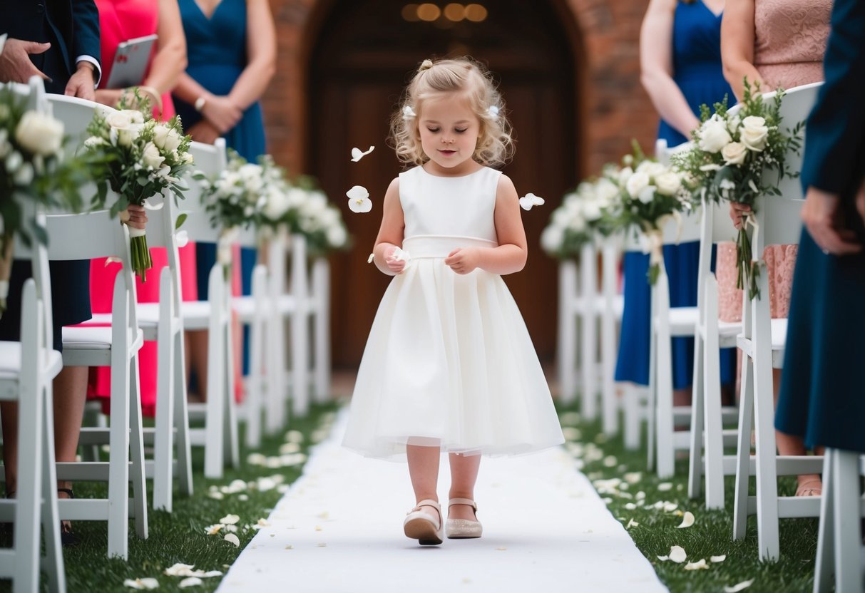 A small flower girl walks down the aisle scattering petals