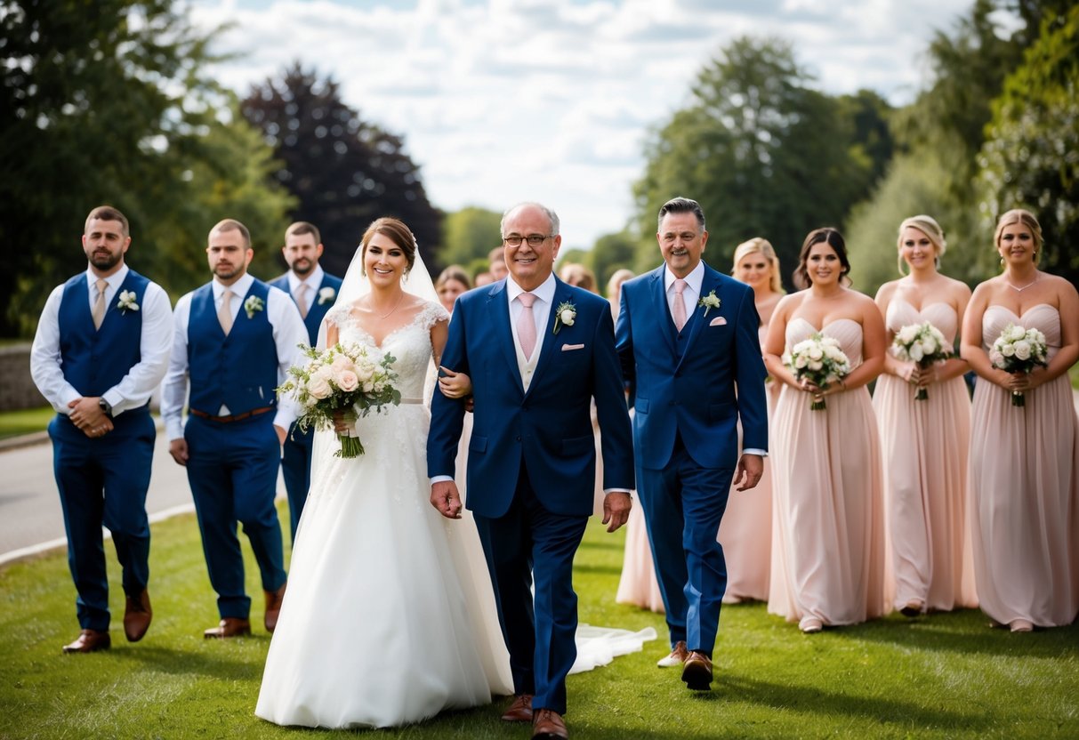The father of the bride leads the procession, followed by the groom and his best man, and then the bridesmaids and groomsmen in pairs