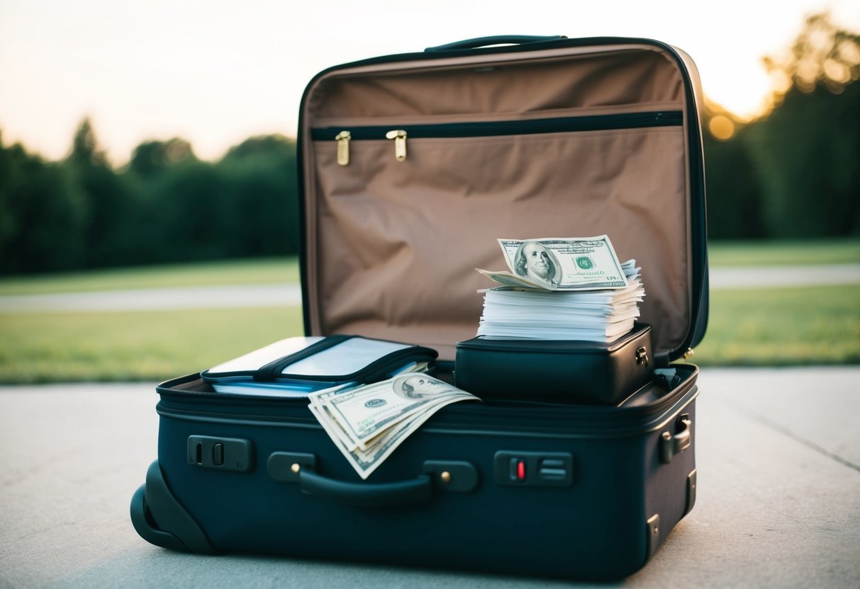 A couple's suitcase with travel essentials and a stack of bills