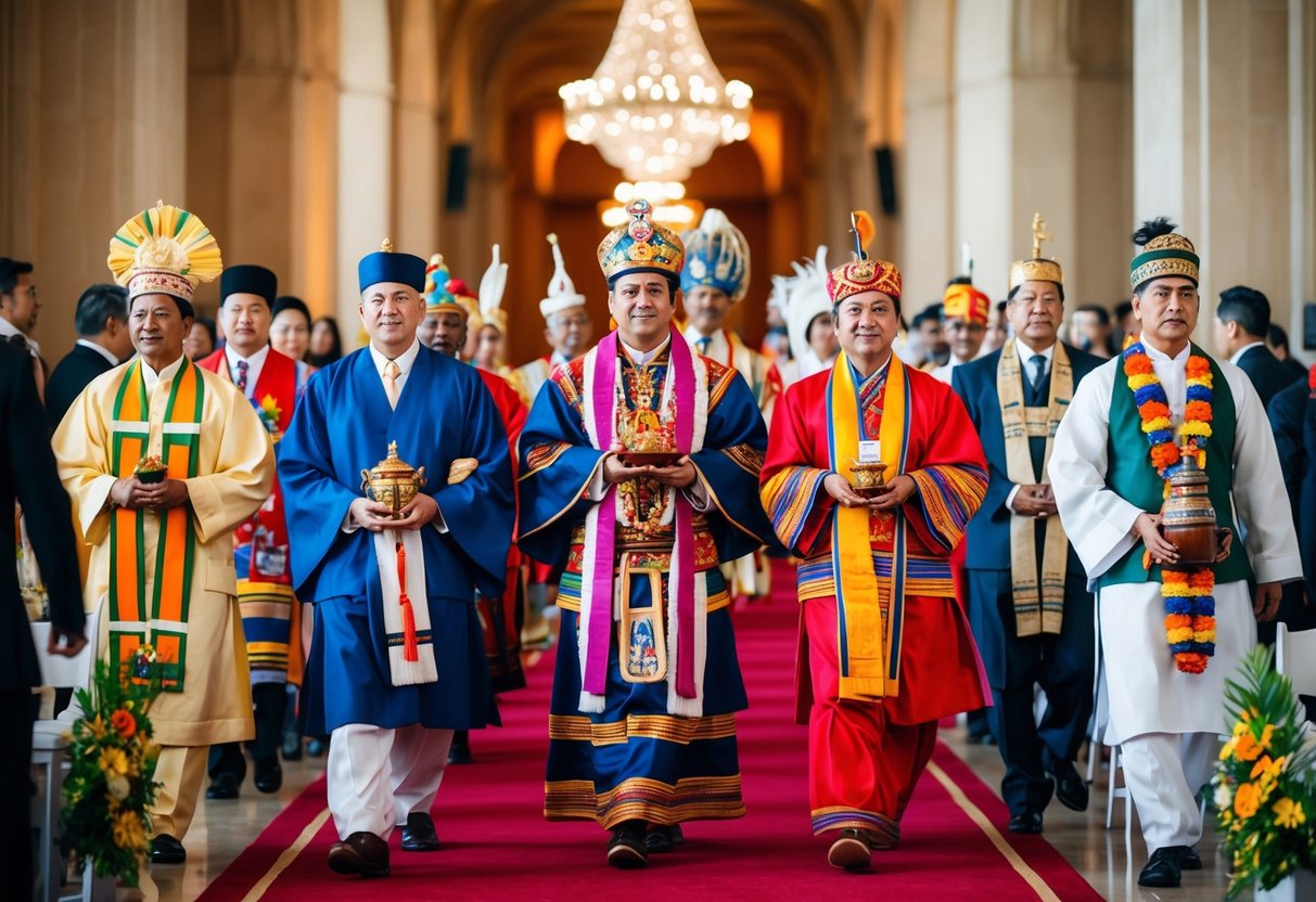 Different cultural figures from around the world, adorned in traditional clothing and carrying ceremonial objects, walk down a grand aisle in a colorful and diverse procession