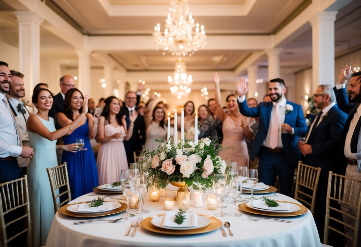 A table set with elegant place settings, adorned with flowers and candles, surrounded by joyful guests in a beautifully decorated venue