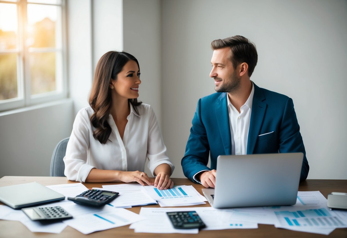A couple sits at a table covered in papers, calculators, and a laptop, discussing wedding budget options