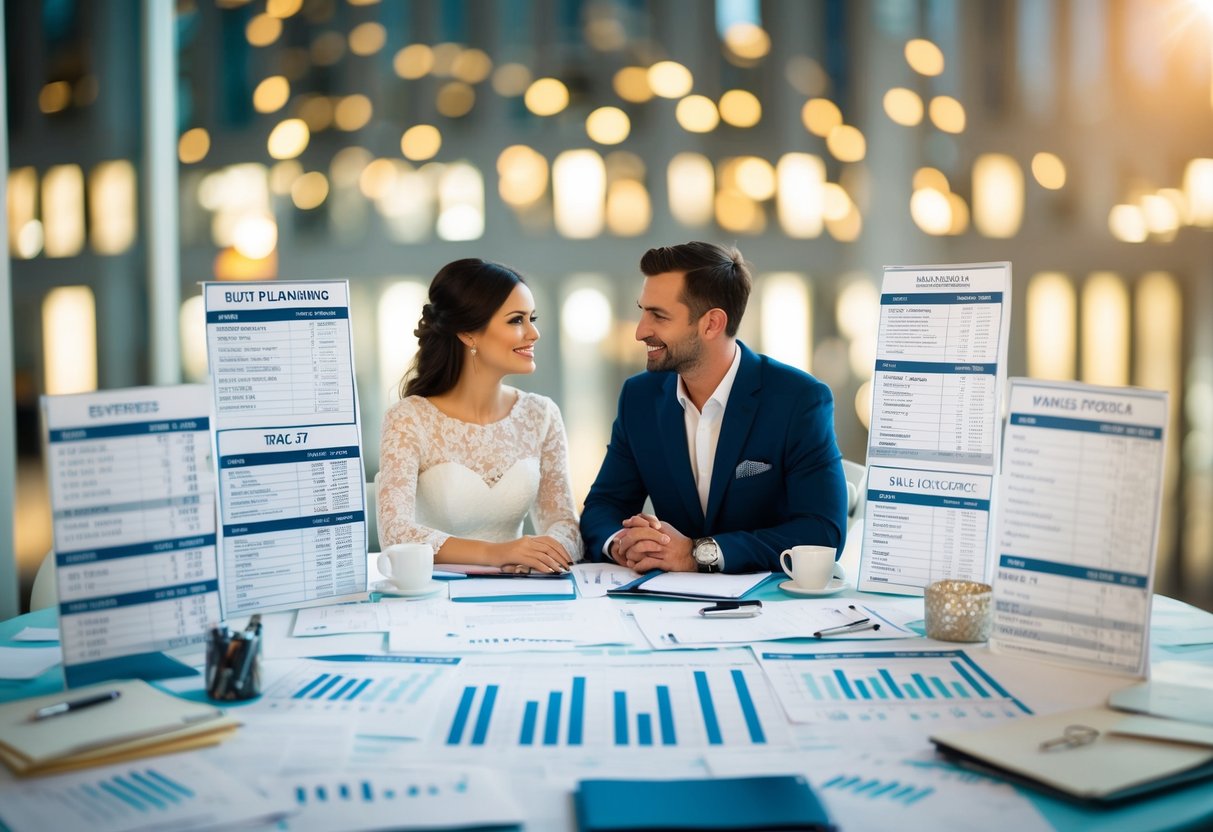 A couple sits at a table covered in wedding planning materials, surrounded by lists of potential expenses and budget calculations