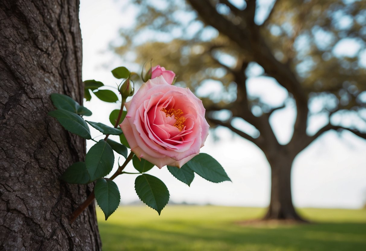 A blooming rose intertwined with a strong oak tree