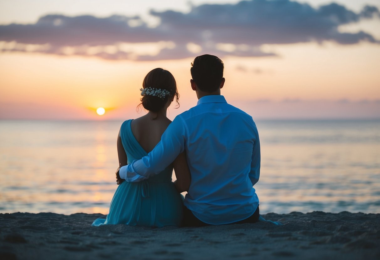 A couple sitting together, gazing at the sunset over a calm ocean, symbolizing a perfect marriage