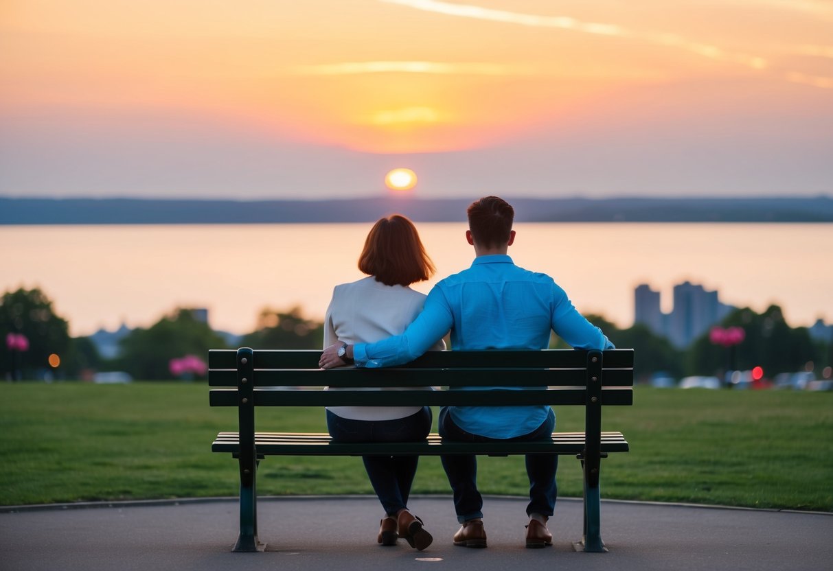 A couple sitting together on a park bench, gazing at a beautiful sunset over the horizon