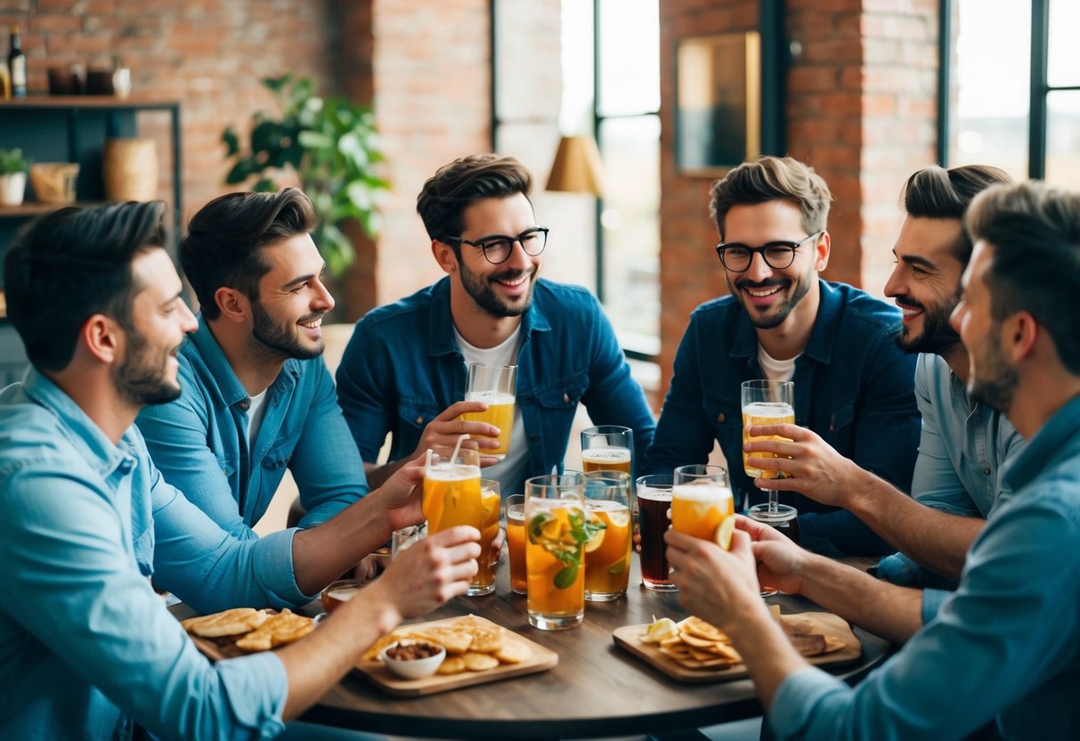 A group of male friends gathered around a table with drinks and snacks, laughing and enjoying each other's company