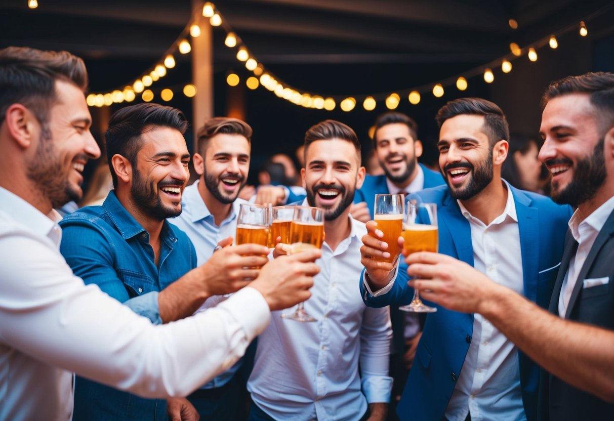 A group of men laughing and toasting drinks at a lively bachelor party