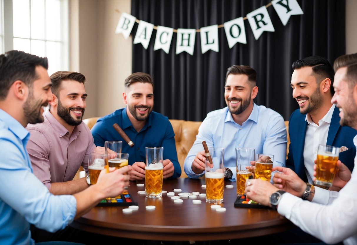 A group of men gathered around a table with drinks and cigars, laughing and playing games. A banner with "Bachelor Party" hangs in the background