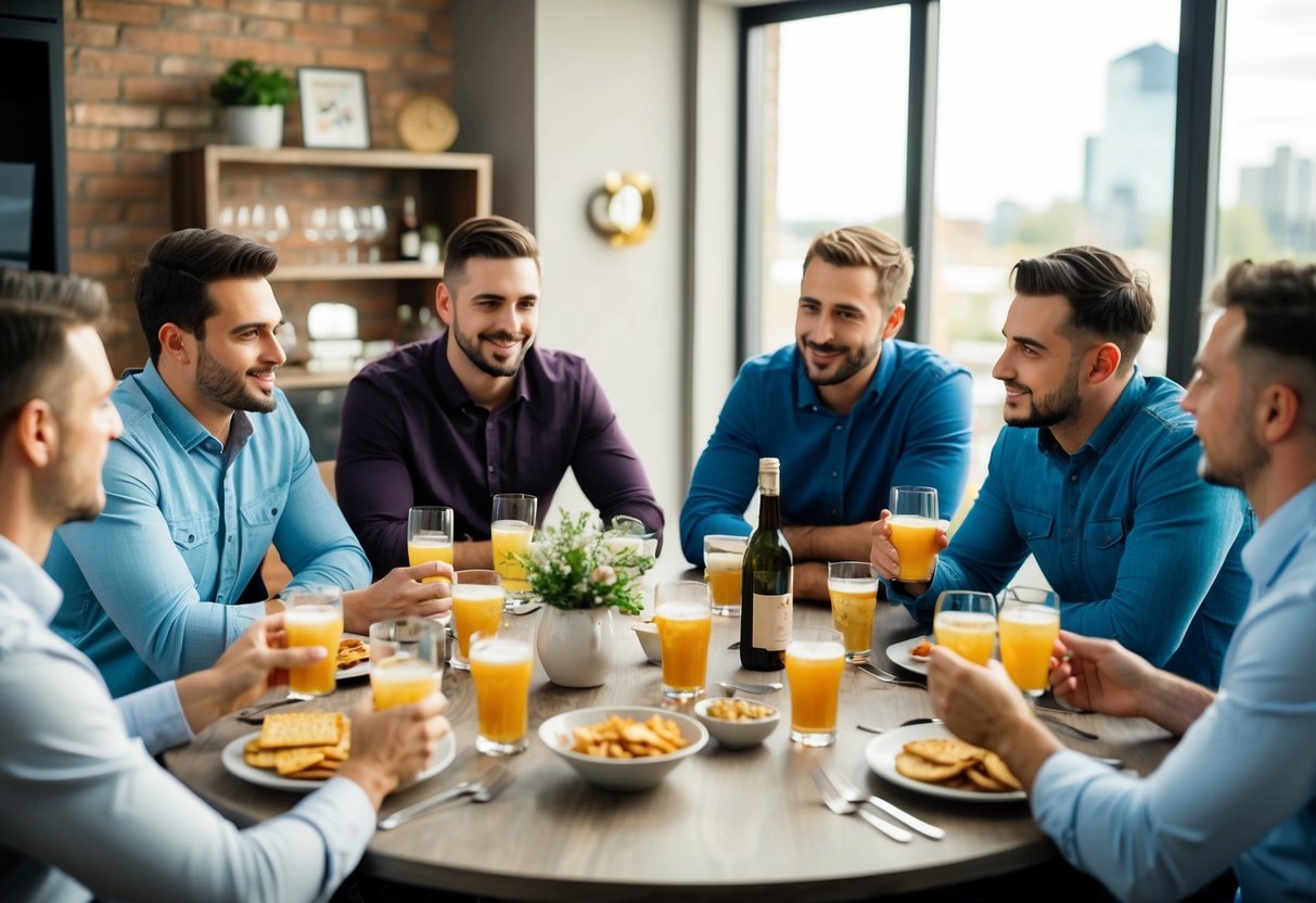 A group of men gathered around a table with drinks and snacks, discussing bachelor party plans and finances